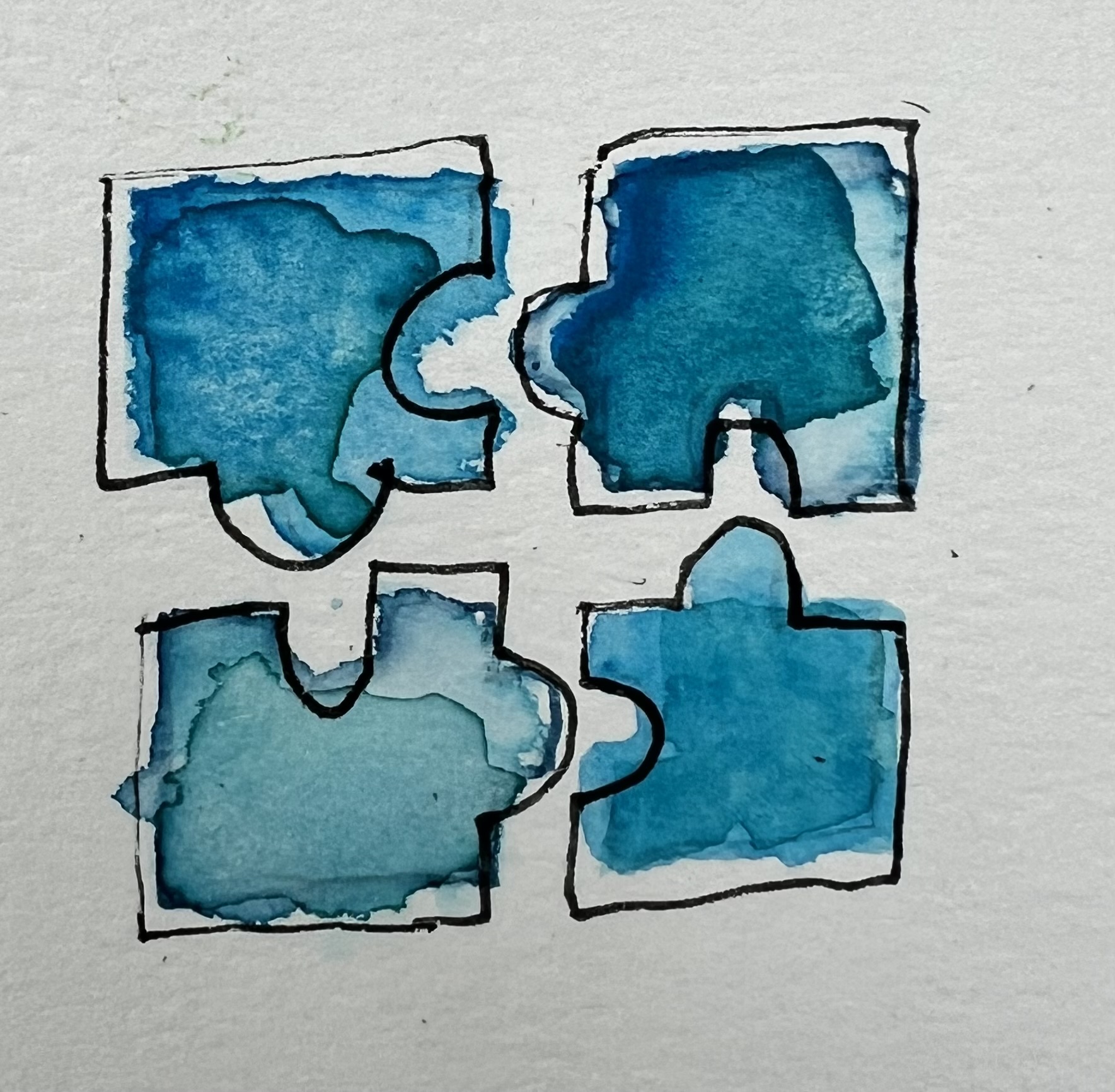 En gruppe blå og hvite håndtegnede, håndtegnede, blå håndtegnede på en hvit overflate